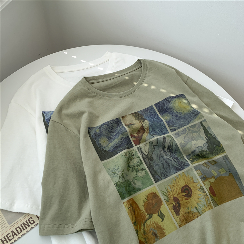 九宫格抽象印花短袖T恤女复古军绿圆领休闲宽松夏季学生体恤上衣