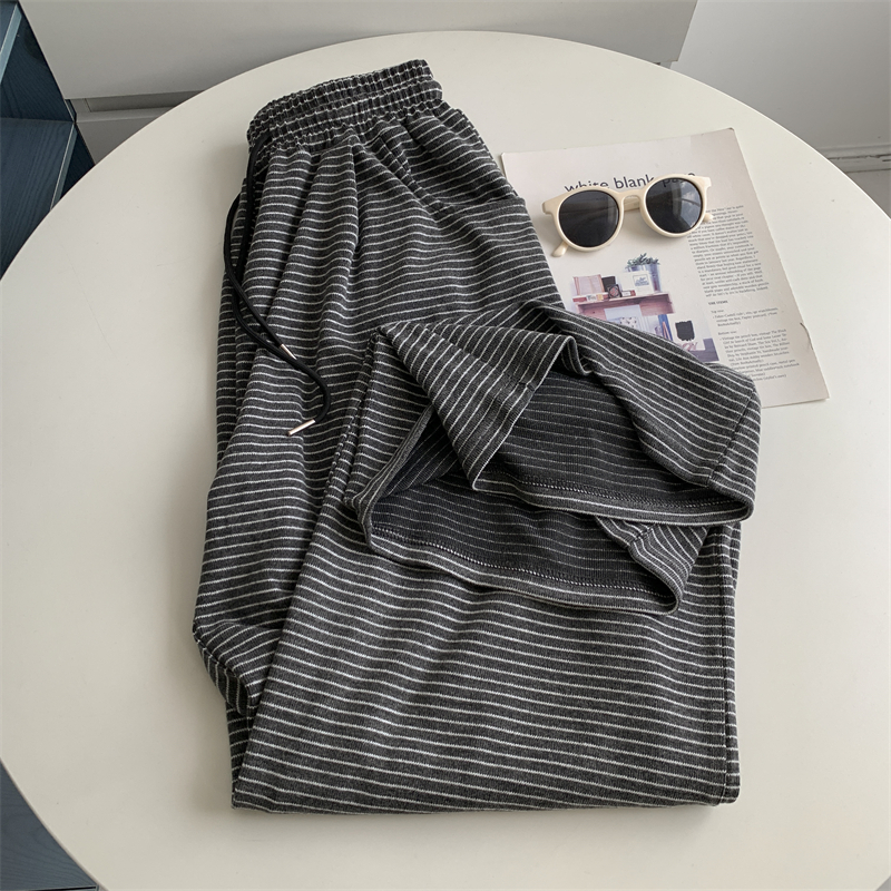 懒惰风复古灰色条纹阔腿裤长裤高腰休闲宽松坠感2025新款学生裤子