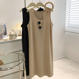 气质连衣裙无袖 卡其色坑条纹理无袖 韩版 B入款 背心裙 背心裙女夏季