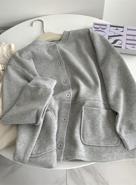 美式宽松圆领米妮棉棒球服女卫衣女韩版24春季灰色外套上衣开衫女