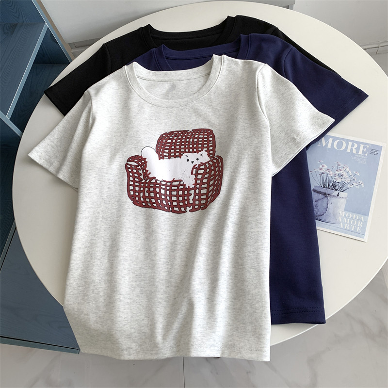 2026年纯棉新款网格沙发猫咪短袖T恤春夏休闲百搭圆领上衣流行款,女装/女士精品,T恤,淘宝优惠券,粉丝福利购,淘宝优惠卷