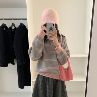 秋冬加厚短款 翻领半拉链条纹毛衣小个子减龄休闲时髦百搭上衣针织