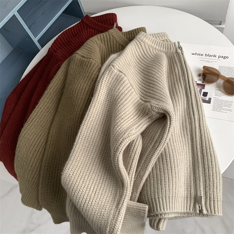 厚实保暖元宝针双拉链毛衣绵羊毛感新款开衫韩版宽松显瘦上衣外套