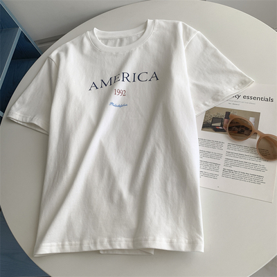 纯棉休闲印花1992字母短袖T恤女夏季百搭宽松水洗棉圆领上衣tee