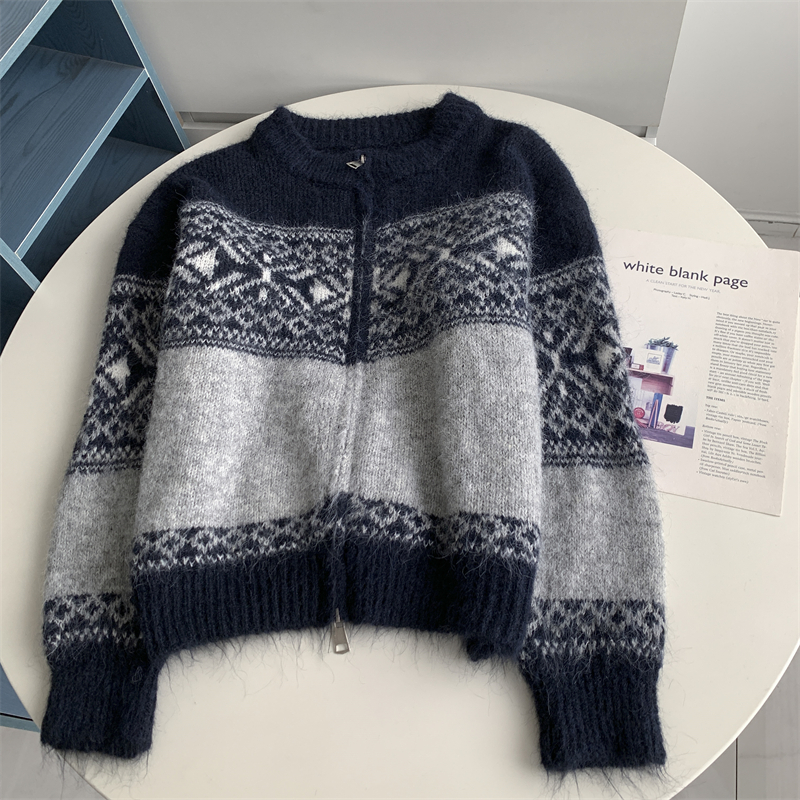 复古费尔岛雪花双头拉链含羊毛开衫冬季新款百搭针织开衫毛衣外套