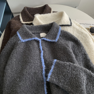 撞色翻领韩系镶边毛衣开衫欧货高级感秋冬软糯懒惰纽扣学生上衣女