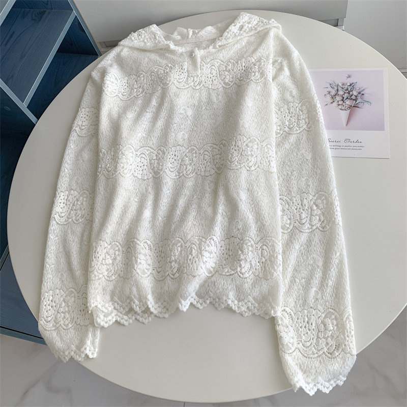 法式高级感蕾丝钩花白色长袖帽衫2026年新款春季欧货精致好货上衣