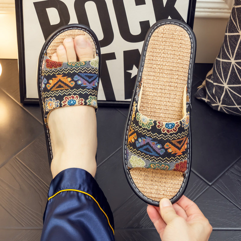 新中式亚麻凉拖鞋居家夏季男女士情侣室内家用木地板防滑透气布艺