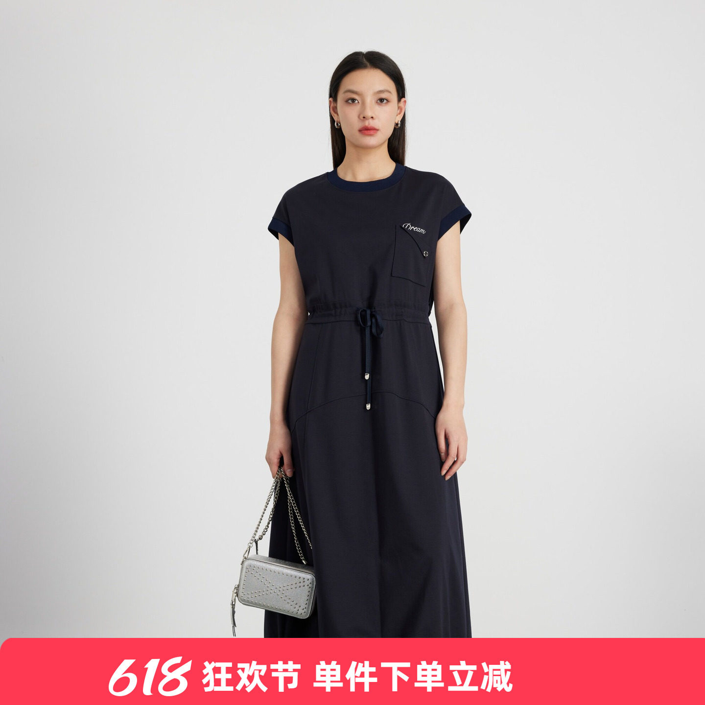 KAKO夏季新品女设计感抽绳休闲连衣裙中长裙莱赛尔裙子5540481
