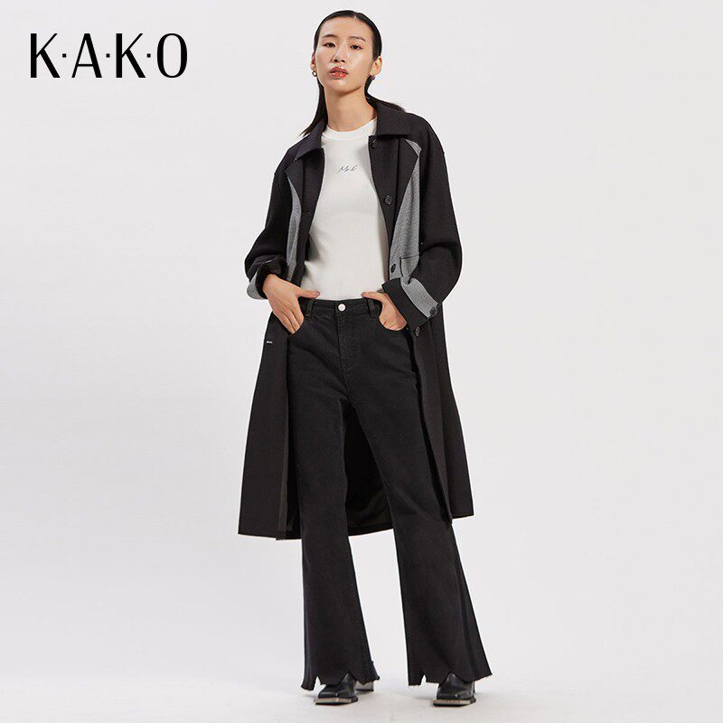 KAKO秋冬女装气质中长款毛呢外套西装领千鸟格拼接大衣5023492