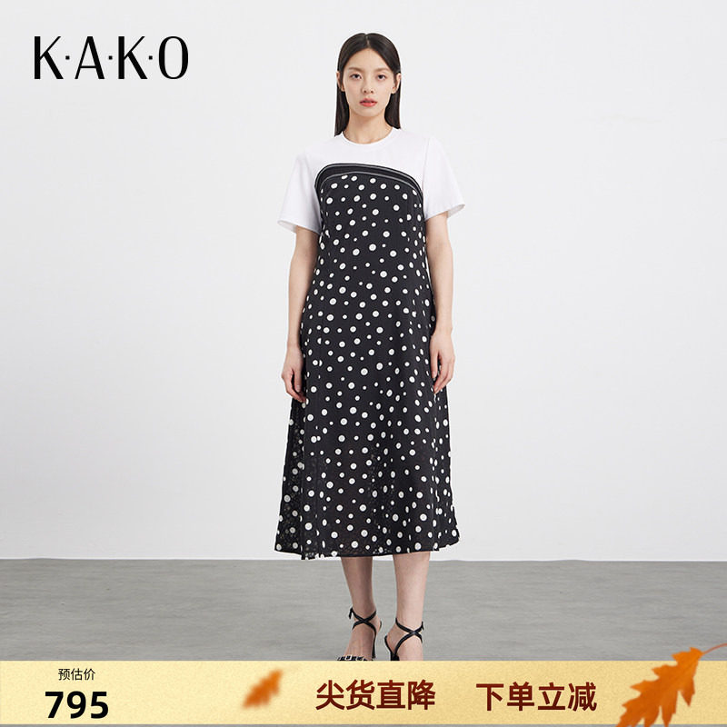 KAKO夏季新品撞色波点拼接显瘦连衣裙女修身显瘦气质裙子5340383