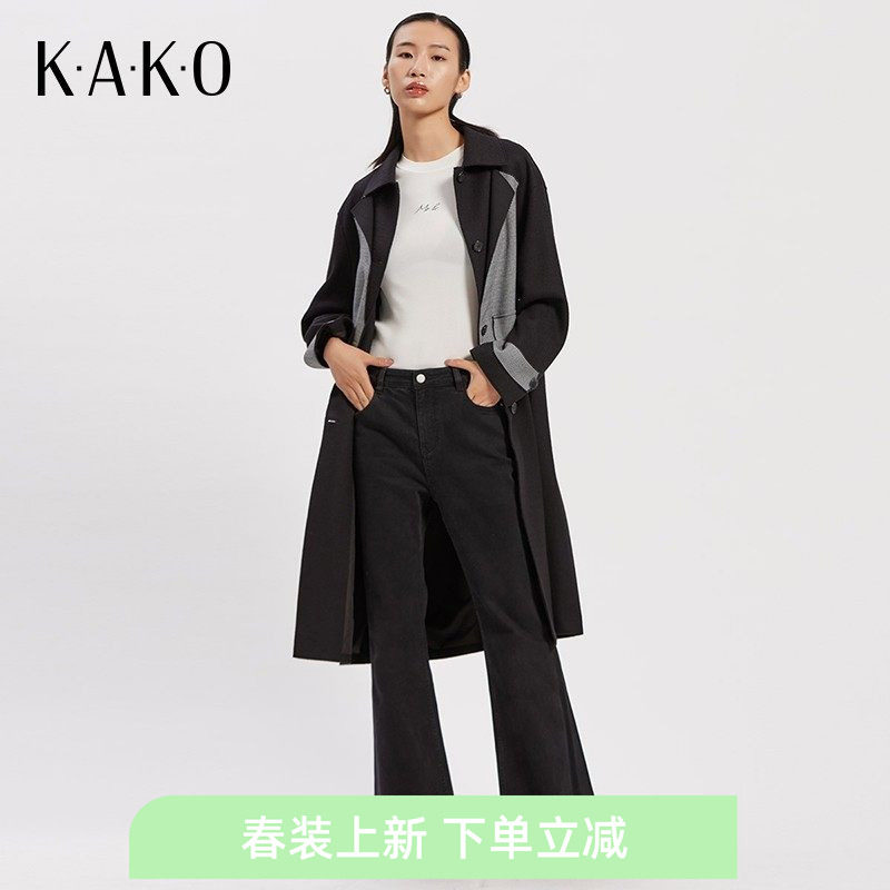 KAKO秋冬女装气质中长款毛呢外套西装领千鸟格拼接大衣5023492