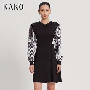 KAKO秋冬女装中长款裙子气质西装领棋盘格针梭相拼连衣裙5010581