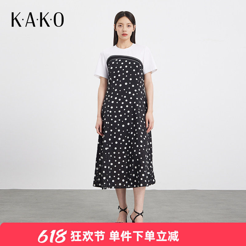 KAKO夏季新品撞色波点拼接显瘦连衣裙女修身显瘦气质裙子5340383