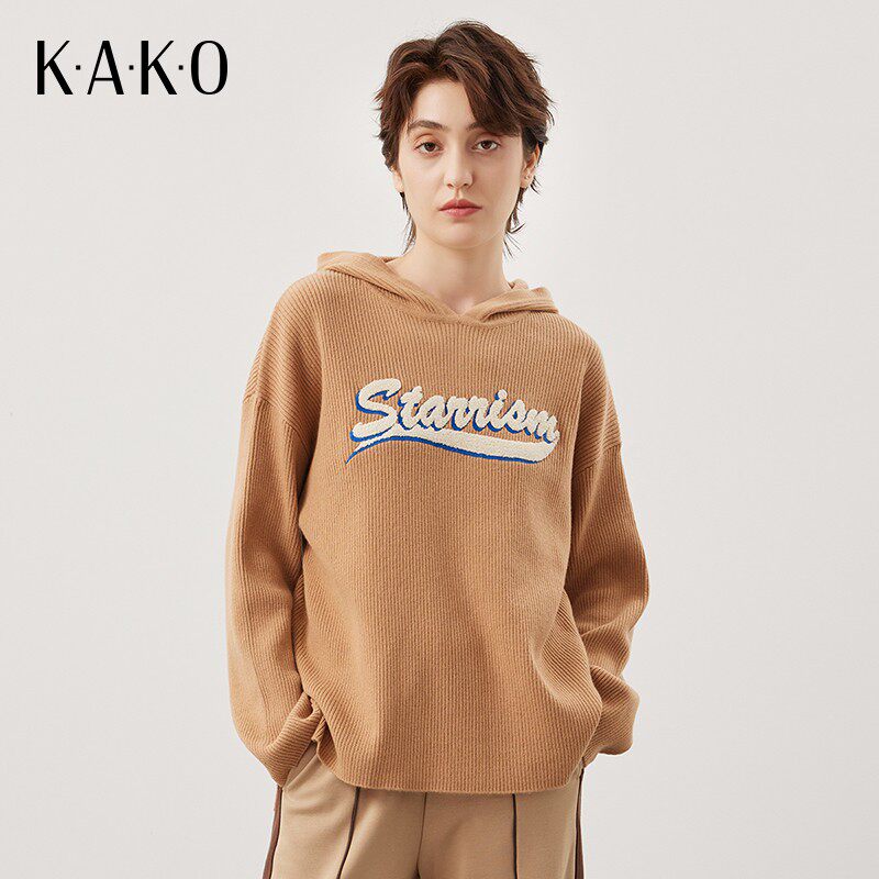【商场同款】KAKO新款百搭针织卫衣字母绣连帽针织衫女5231941