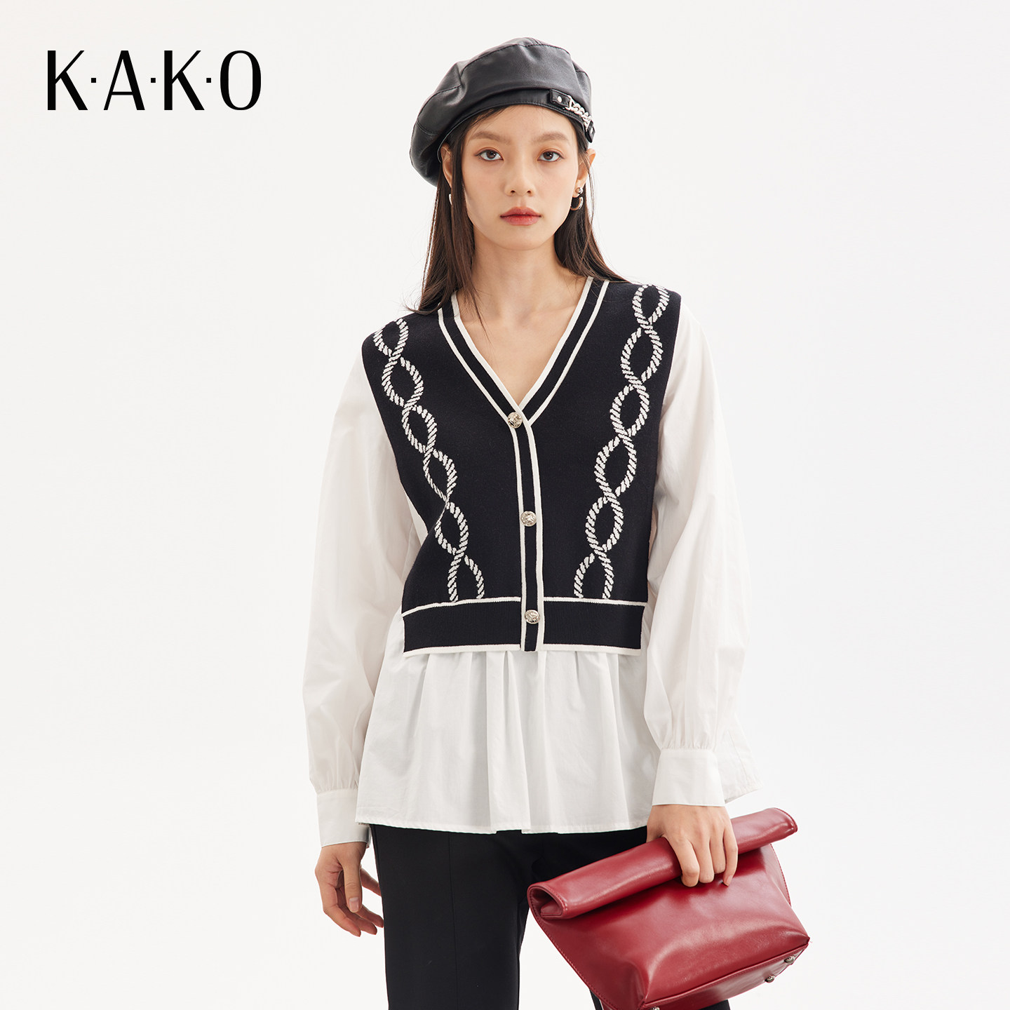 KAKO秋冬新品羊毛撞色针梭相拼上衣设计感毛衣针织衫5412441