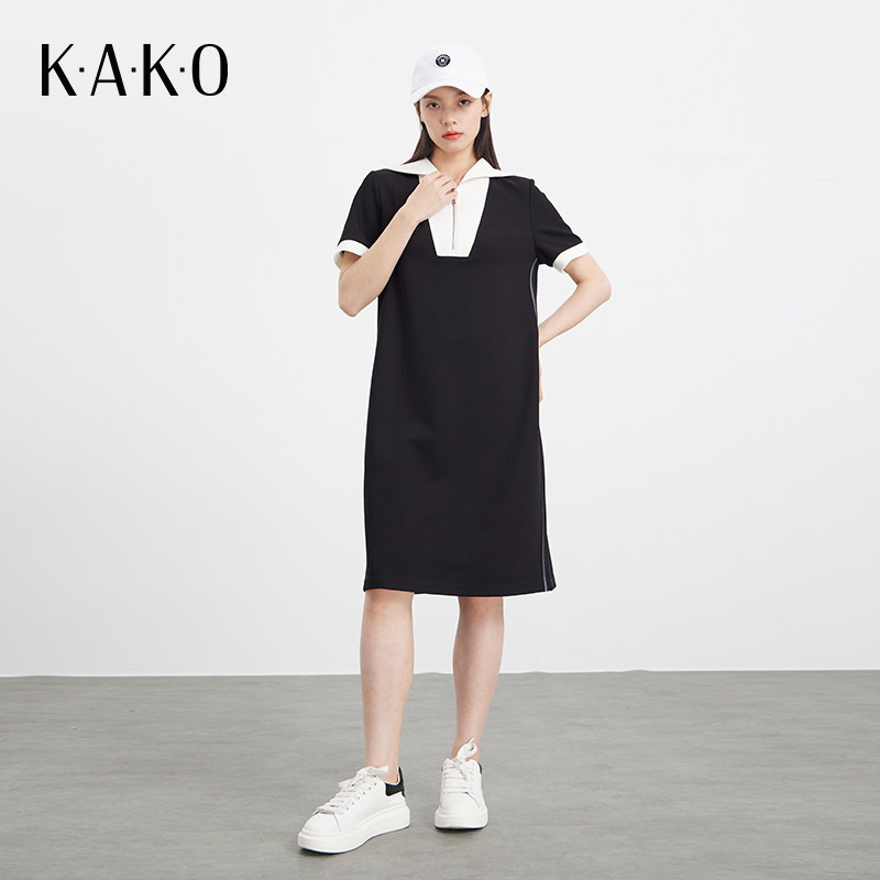 KAKO夏季新品撞色翻领直身裙休闲时尚连衣裙女修身裙子5340281