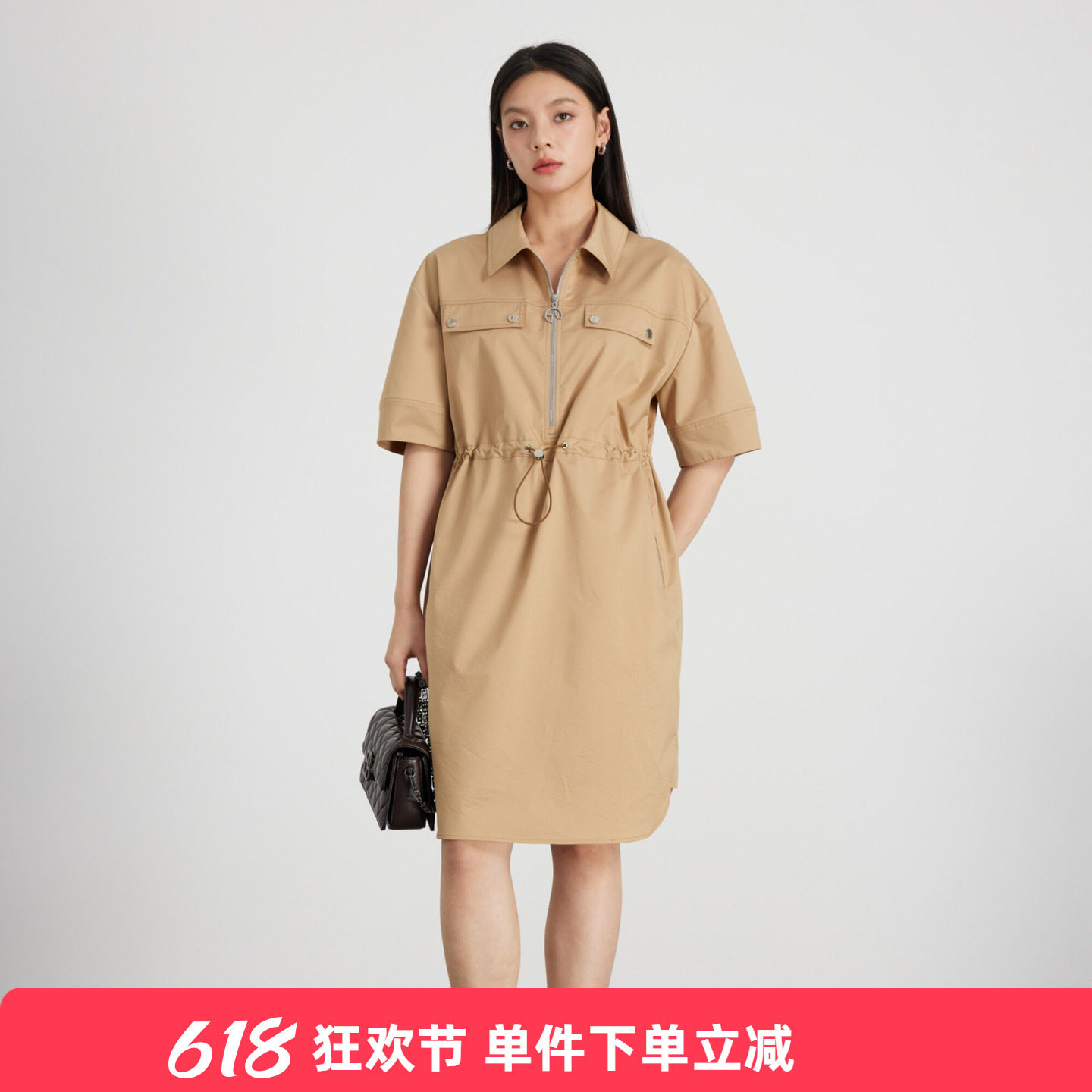 KAKO夏季新品通勤设计感工装抽绳连衣裙女中长款休闲裙子5522281