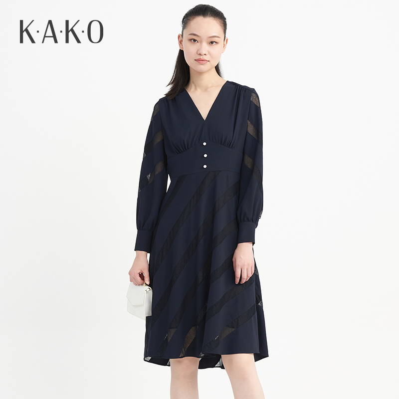 KAKO春夏新品女士V领裙子长袖收腰a字雪纺气质裙子3820881