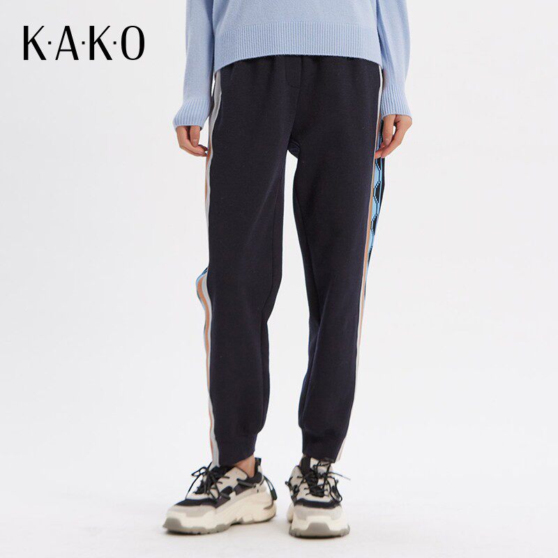 KAKO秋冬女装长款宽松裤子时尚气质收脚格子条纹休闲长裤5032271