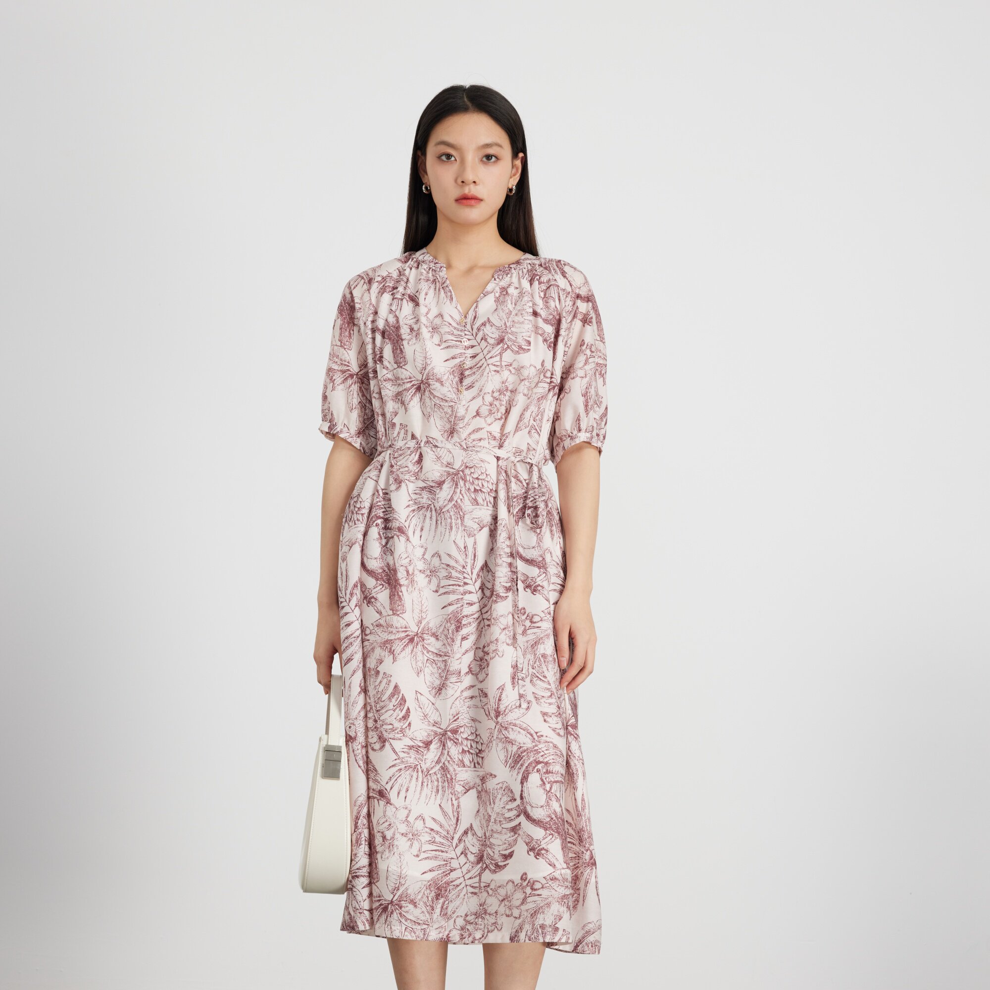 KAKO夏季新品女设计感印花V领连衣裙中长款优雅裙子5540181