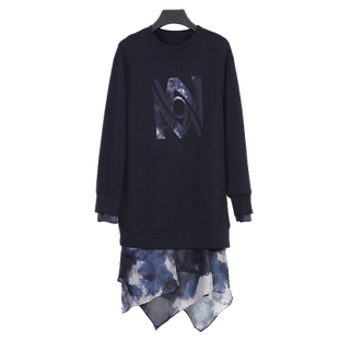 KAKO秋冬女装中长款连衣裙时尚休闲欧根纱拼接圆领卫衣裙5012681