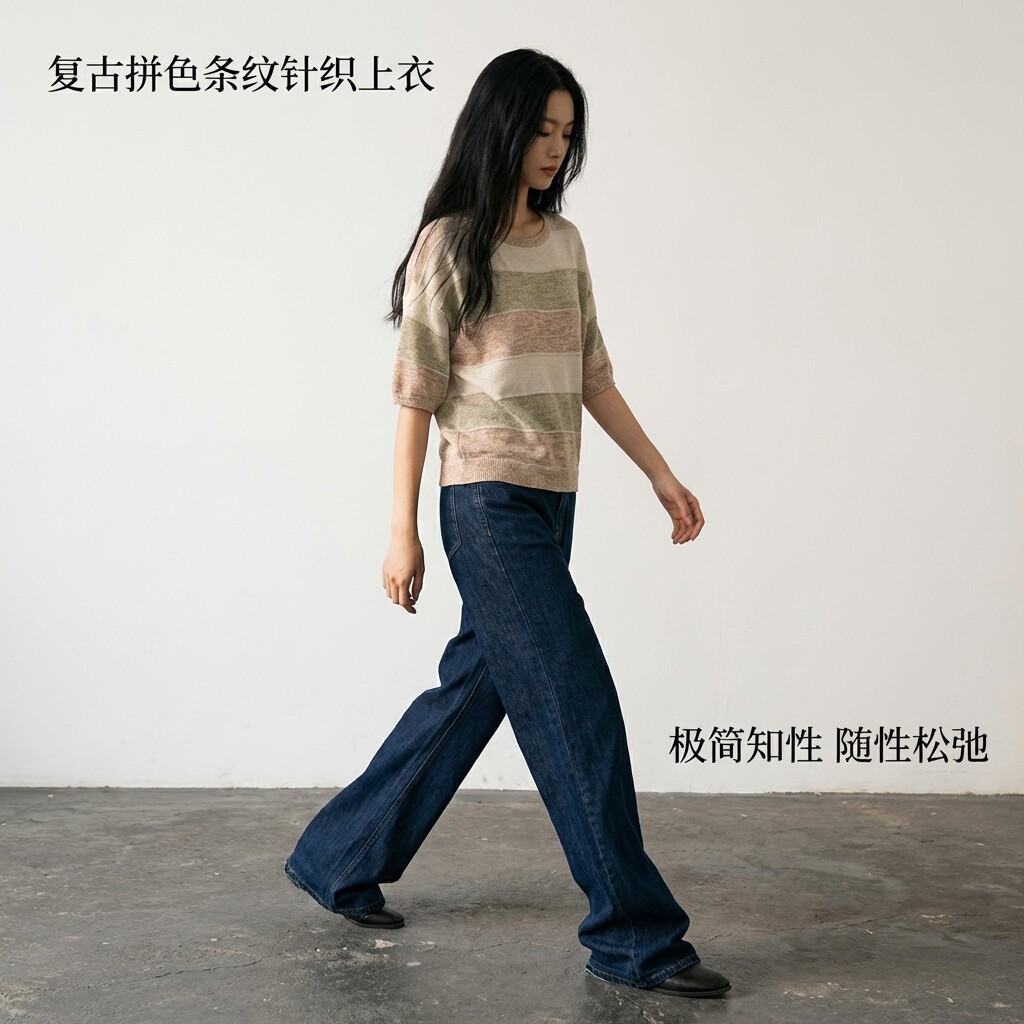 KAKO夏季新品时尚通勤彩色条短袖宽松针织衫莱赛尔T恤5790844007