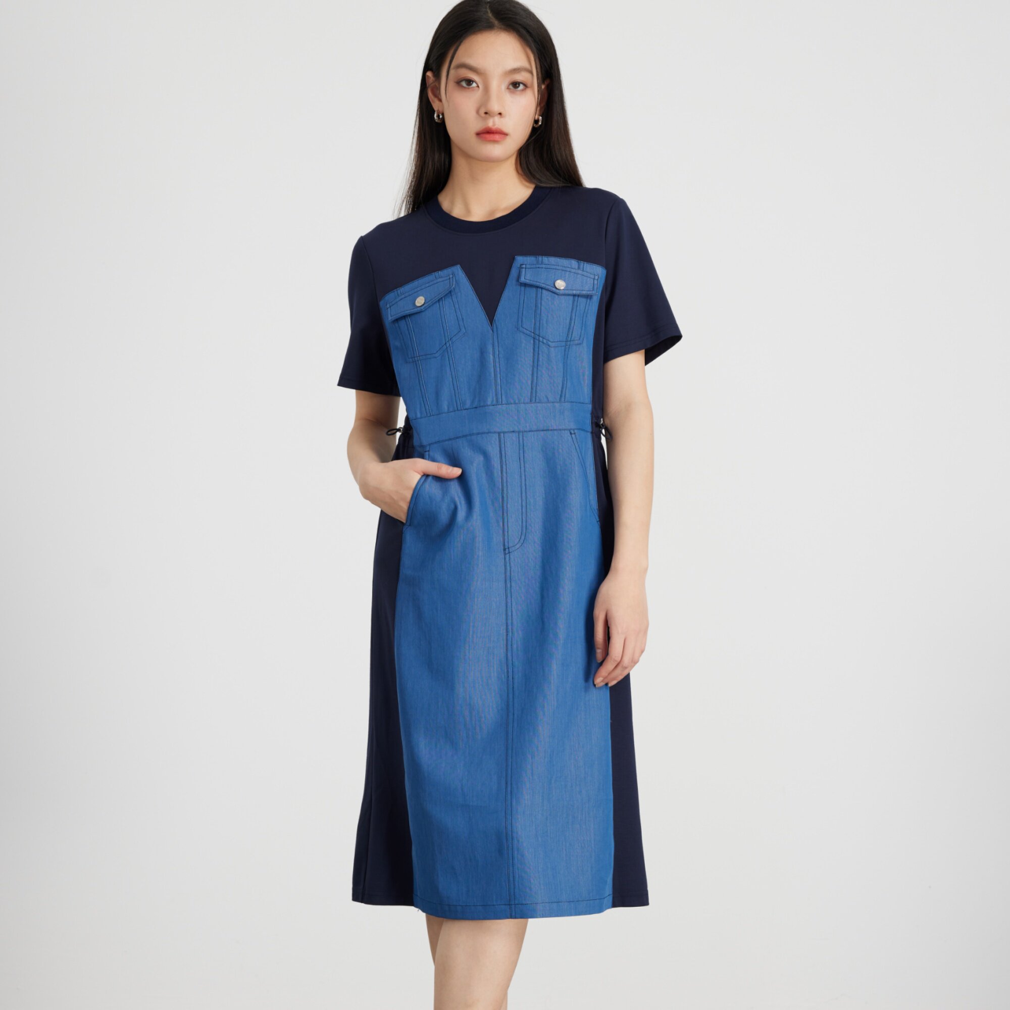 KAKO夏季新品通勤牛仔拼接抽绳连衣裙女中长款休闲裙子5520682