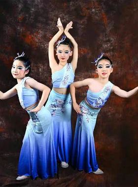 傣族舞蹈服勐巴拉纳西儿童女孔雀舞表演民族白色包臀鱼尾裙练功服