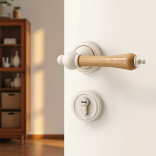 奶油风卧室门锁室内房间木门米白色房门锁磁吸静音原木法式 门把手