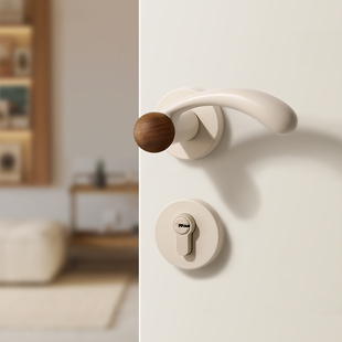 奶油中古风卧室门锁室内木门分体房门锁磁吸静音米白色房间门把手