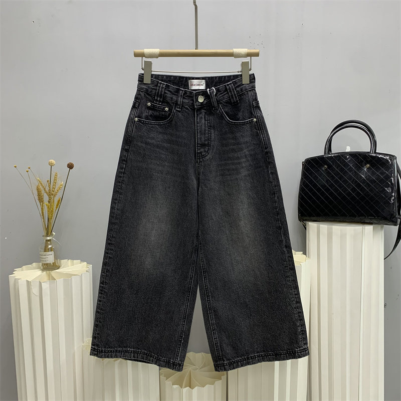 斯卡洛依2877欧货春款加大烟灰色小个子牛仔大筒女八分阔腿裤CKLY