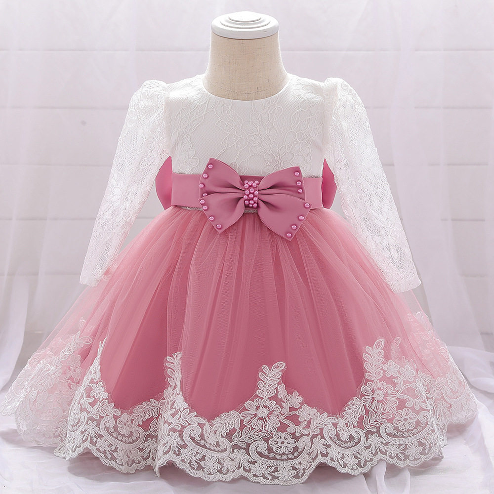 新款婴儿长袖裙宝宝蕾丝洋气公主礼服裙babydress1周岁生日棉内裙