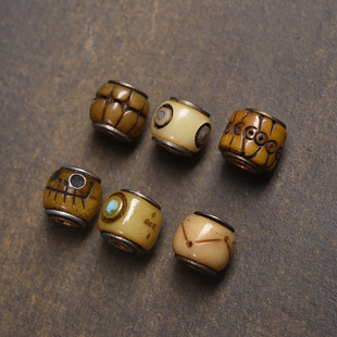 藏传牦牛骨雕刻桶珠老铜镶嵌孔道散珠DIY半成品腰珠顶珠佛珠饰品