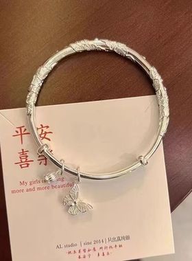 白铜镀厚银繁花似锦花丝手镯花蕊蝴蝶铃铛手环推拉款实心学生镯子