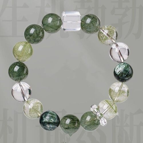 天然石绿发晶手链女绿幽灵绿龙晶串珠方糖蓝针水晶新中式手饰礼物