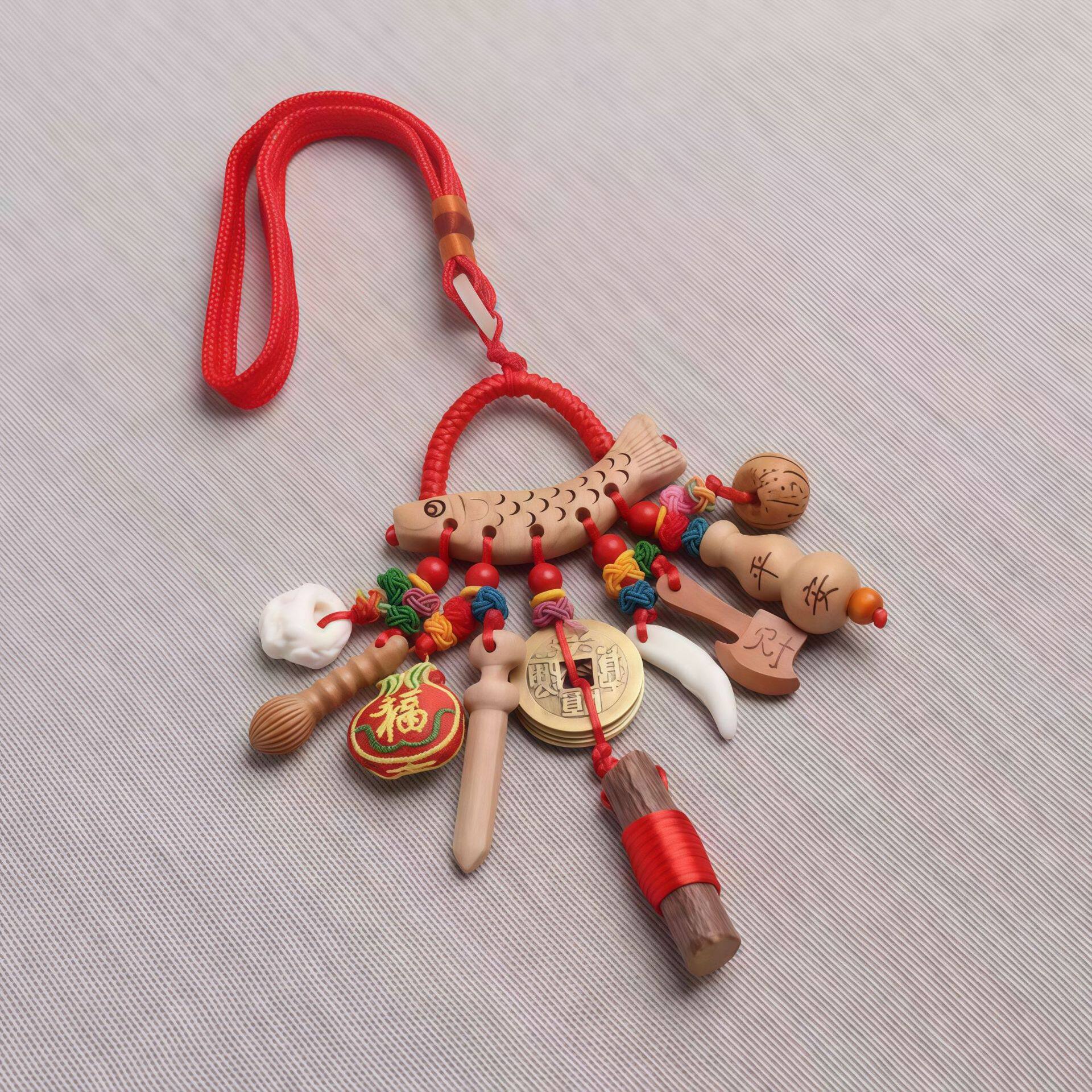 桃木包挂黑狗牙五帝钱桃木剑挂件男女宝宝孕妇随身朱砂婴儿