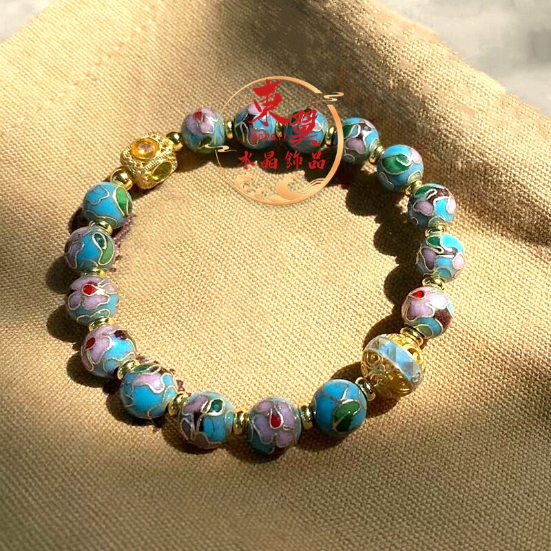 湖蓝色景泰蓝掐丝繁花系列转运珠手链香灰琉璃金箔潘家园手串饰品