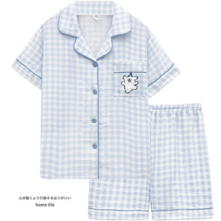 双层泡泡纱睡衣夏天女款 套装 日系甜美可爱卡通家居服夏季 纯棉短袖