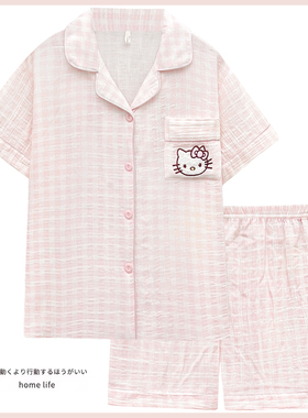 小猫咪纯棉睡衣女夏季新款短袖双层泡泡纱布可爱卡通家居服套装
