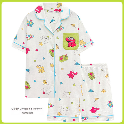 蜡笔小新同款鳄鱼睡衣女夏季薄款纯棉短袖学生可爱卡通家居服套装