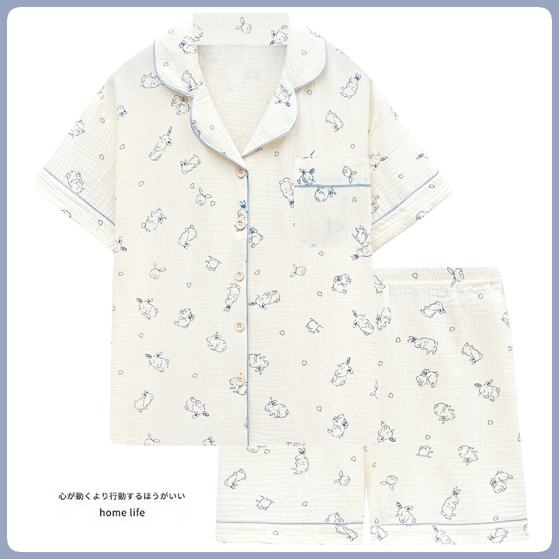 婴儿棉睡衣女夏季新款纯棉双层泡泡纱短袖家居服日系甜美可爱套装