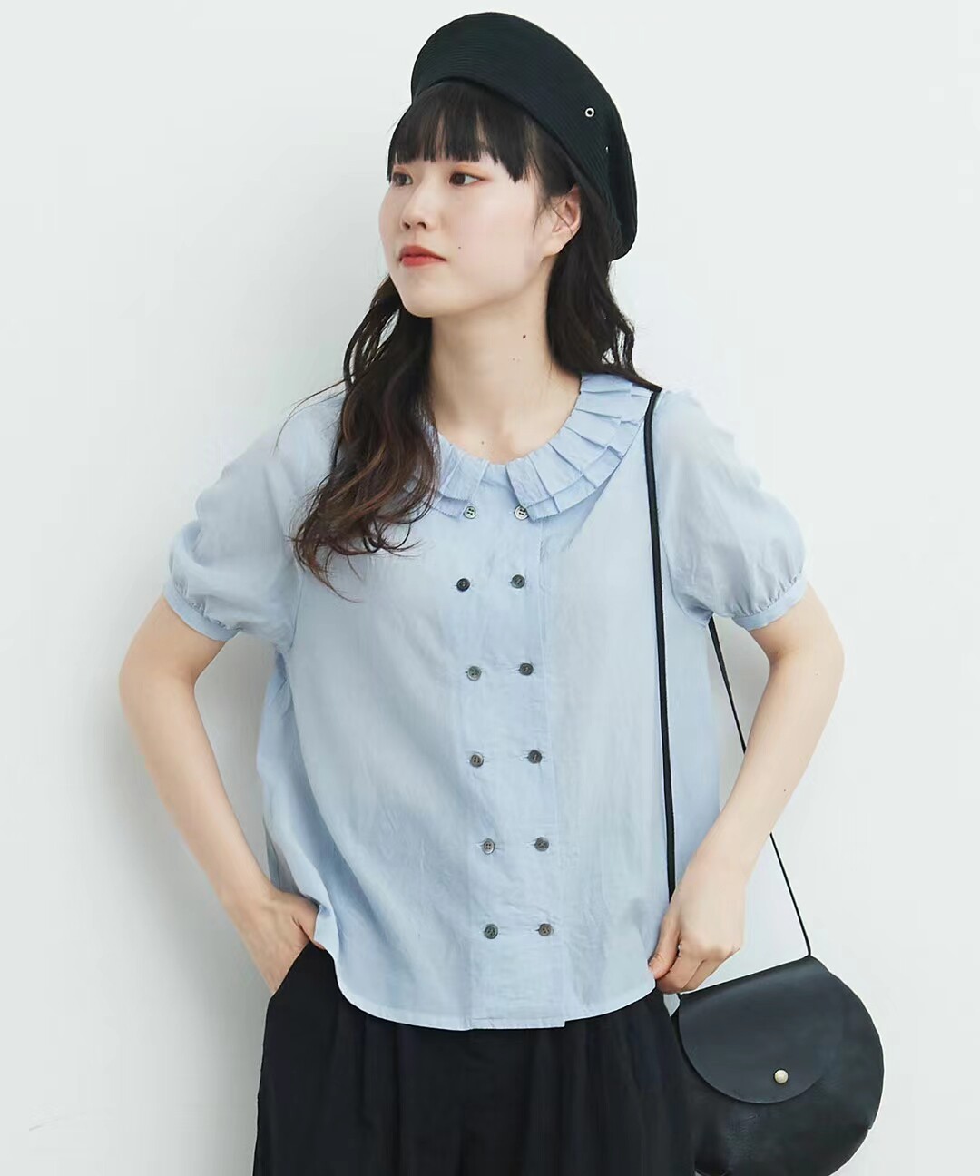 日单贵牌夏新款甜美可爱娃娃领纯棉短袖衬衫女上衣