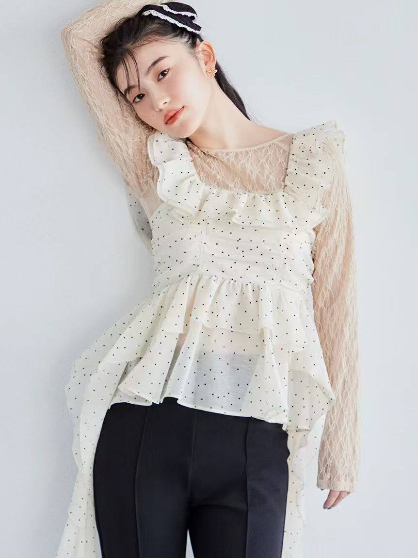 LILY 2025春夏新品 方领花边收腰长飘带雪纺上衣