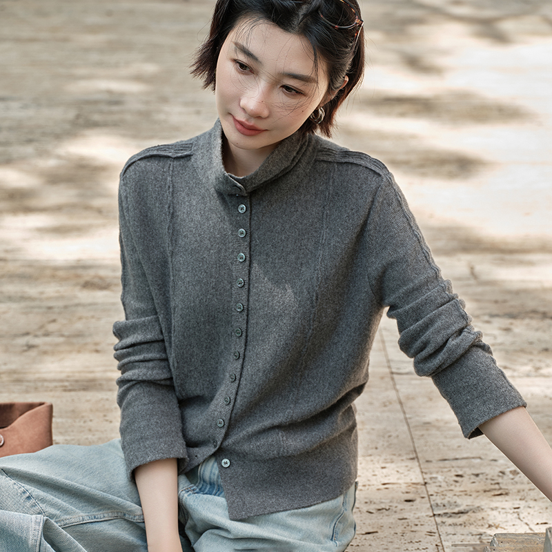 高阶气质~100%纯山羊绒衫女高领复古针织开衫毛衣外套女洋气显瘦