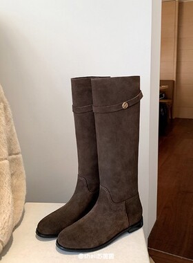 【sheii苏茵茵】韩剧女主~韩国真皮小金扣中高筒靴长靴女骑士靴子