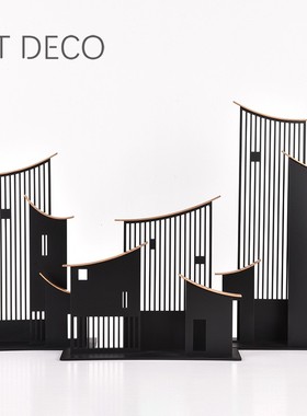 新中式黑色金属屋檐摆件酒店样板房客厅电视柜书柜桌玄关软装饰品