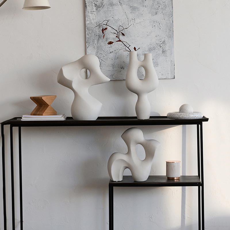 侘寂风陶瓷摆件抽象哑光简约样板间玄关书柜客厅电视柜白色装饰品
