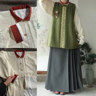 西辞记杏色玫瑰立领袄弓袋袖马甲加绒对襟汉服冬季厚款马面裙