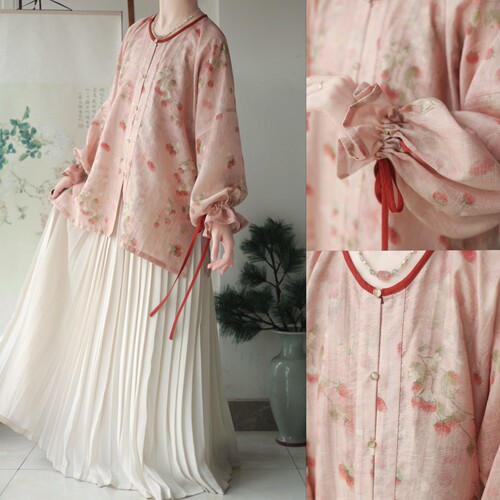 天丝提花圆领衫花苞袖日常汉服女